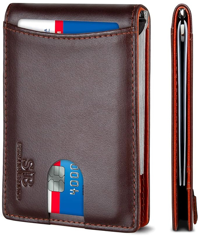 SERMAN BRANDS RFID Blocking Slim Bifold Genuine Leather Minimalist Front Pocket Wallets for Men with Money Clip Thin Mens