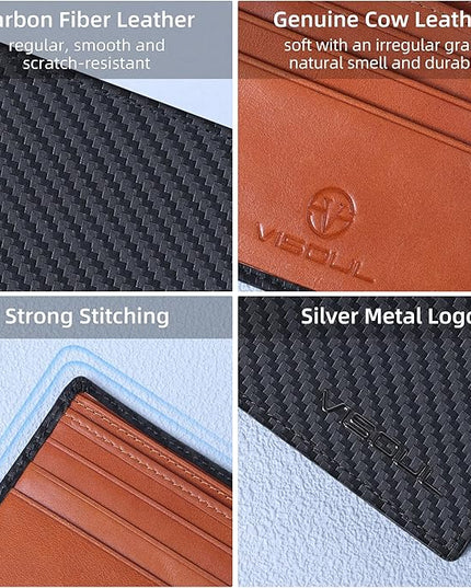 VISOUL Mens Bifold Wallet with 2 ID Windows Carbon Fiber Leather, RFID Blocking Wallet with 2 Money Compartments, Stylish Two-tone Back Pocket Wallet for Men (Black+Orange)