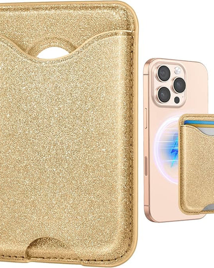 Shorogyt Compatible with Magsafe Wallet Magnetic Card Holder - Glitter Bling Gold Phone Wallets for Women Teen Girls for iPhone 17/16/15/14/13/12 Series Slim for Apple Mag RFID Magnet, Fit 3 Cards