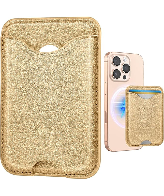 Shorogyt Compatible with Magsafe Wallet Magnetic Card Holder - Glitter Bling Gold Phone Wallets for Women Teen Girls for iPhone 17/16/15/14/13/12 Series Slim for Apple Mag RFID Magnet, Fit 3 Cards
