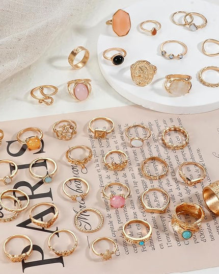 Subiceto 70 Pcs Vintage Crystal Ring Set Knuckle Rings for Women Bohemian Stackable Joint Rings Retro Boho Stacking Joint Finger Rings Pack