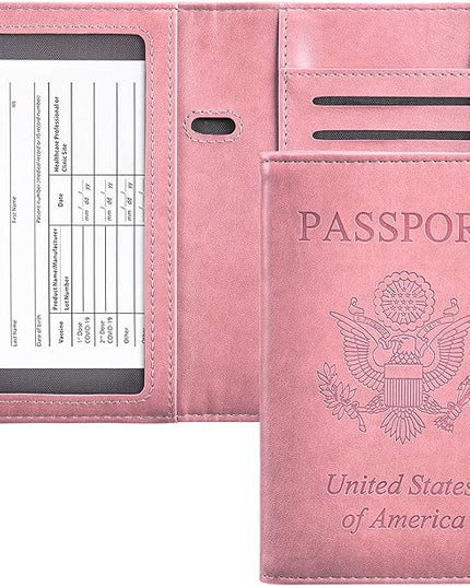 HerriaT Passport and Vaccine Card Holder Combo,Cover Case with CDC Vaccination Card Slot, Leather Travel Documents Organizer Protector, with RFID Blocking, for Women and Men