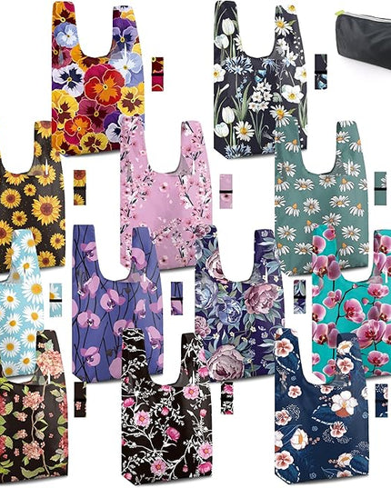 BeeGreen Large Flower Tote Bag - 12 Pack Heavy Duty Reusable Grocery Bags and Foldable Shopping Bags for Groceries, Cute Travel Reusable Gifts,Lightweight Washable Cloth Bag With Handles for Women