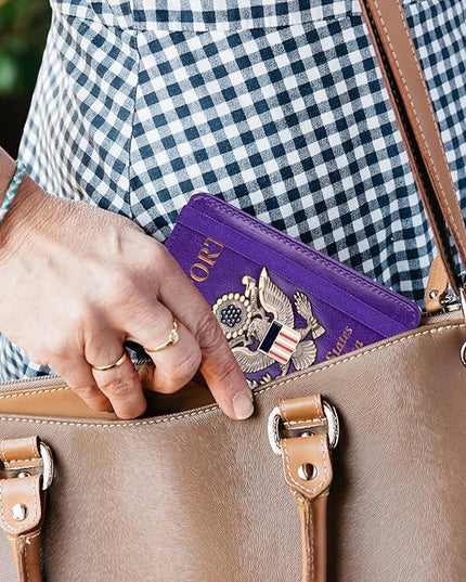 TOURSUIT RFID Blocking Passport Holder for Women Men, Leather Passport Travel Wallet with Metal 3D Metal Badge, Travel Document Holder Cover Accessories (Purple)