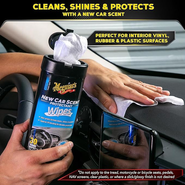 Meguiar's New Car Scent Protectant Wipes - Easy to Use Car Wipes that Protect and Freshen Your Car's Interior - Ideal for Car Detailing & Maintenance - 30 Ct
