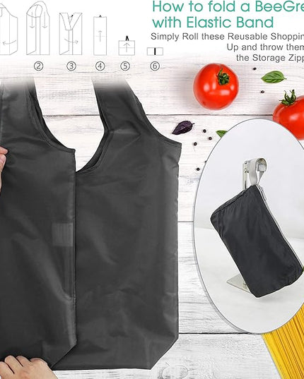 BeeGreen 10 Pack Black Reusable Grocery Bags with Storage Pouch Reusable Shopping Bags Bulk with Elastic Band 50LBS X-Large-Foldable-Washable-Heavy Duty-Waterproof Grocery Tote Bags