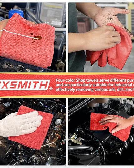FIXSMITH Microfiber Cleaning Cloth, Shop Towels Bulk, 24 Pack Red Microfiber Towels for Cars, All-Purpose Absorbent Cleaning Rags, Dust Cloth for Automotive, Mechanic, Garage, Bar, 12 x 11 inch