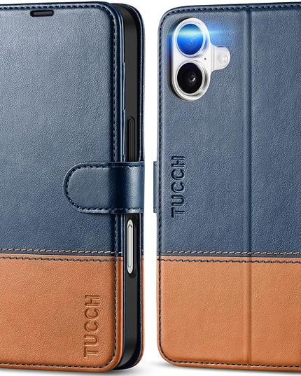 TUCCH Wallet Case for iPhone 16, Kickstand [RFID Blocking] [4 Card Slots] TPU Interior Protective Case, Magnetic Folio Shockproof PU Leather Flip Cover Compatible with iPhone 16 5G, Blue&Brown