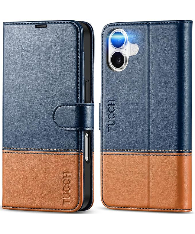 TUCCH Wallet Case for iPhone 16, Kickstand [RFID Blocking] [4 Card Slots] TPU Interior Protective Case, Magnetic Folio Shockproof PU Leather Flip Cover Compatible with iPhone 16 5G, Blue&Brown