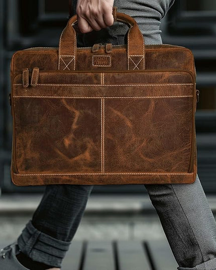LEATHER VILLAGE 18" Leather Laptop Messenger Briefcase Bag for Men-Leather Satchel for Travel and Office Shoulder Bag- Sun Tan Brown