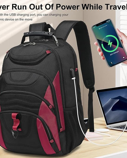 Boavan Laptop Backpack for men, 17.3 inch Laptop Bag with USB Port, Waterproof Travel Work Backpack Purse, Anti-Theft Teacher Nurse Doctor Casual Bookbags Office Business backpack，Black&Russet Red