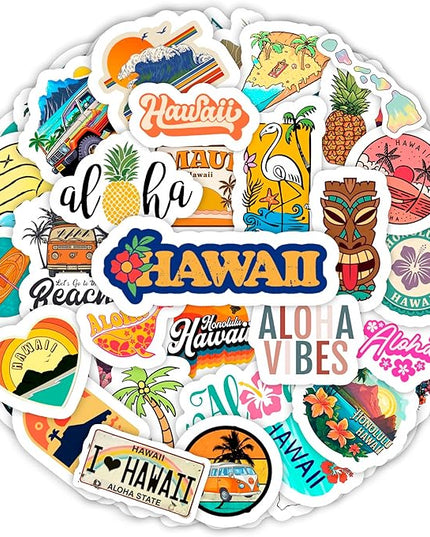 BulbaCraft 100Pcs Hawaii Stickers for Water Bottle and Laptop - Hawaiian Party Supplies & Decorations, Waterproof Vinyl Decals, State Pride and Icon Stickers, Gifts for Women & Men