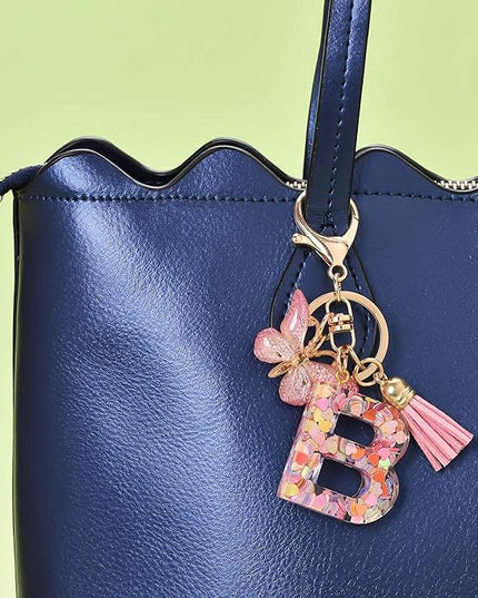 Fashion Alphabet Initial Letter Keychain Tassel Butterfly Pendant Key Ring for Purse Handbags Women Girl