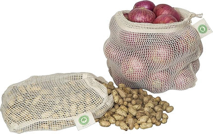 Reusable Mesh Vegetable Bags of 100% Organic Cotton - 6 Pieces Perfect Net Produce Bags - Eco-friendly, Bio-degradable & Washable Fruit, Vegetable & Produce Bags (3 Medium, 3 Small)