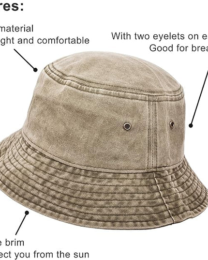 Bucket Hat, Wide Brim Washed Denim Cotton Outdoor Sun Hat Flat Top Cap for Fishing Hiking Beach Sports