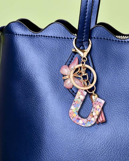 Fashion Alphabet Initial Letter Keychain Tassel Butterfly Pendant Key Ring for Purse Handbags Women Girl