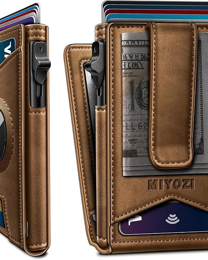 miyozi Airtag Wallet for Men Money Clip 9-Card Pop-Up Credit Card Holder with ID Window RFID Blocking Metal Case Magnetic Closure Front Pocket Wallet Gift Box | with Money Clip, Gift Boxed, Slim, RFID Blocking, Pop-up Card Case, Flip