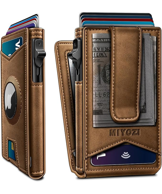 miyozi Airtag Wallet for Men Money Clip 9-Card Pop-Up Credit Card Holder with ID Window RFID Blocking Metal Case Magnetic Closure Front Pocket Wallet Gift Box | with Money Clip, Gift Boxed, Slim, RFID Blocking, Pop-up Card Case, Flip