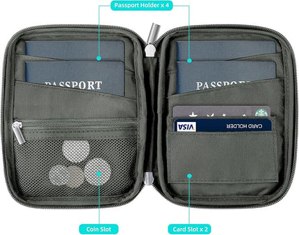 WALNEW Passport Holder Family for 4, RFID Blocking Travel Wallet Women Men, Lightweight Zipper Document Organizer Pouch Bag Credit Cards Case Cover for Travelling