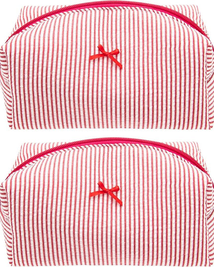PAZIMIIK 2PCS Cozy Makeup Bag Small Aesthetic Travel Zipper Cosmetic Pouch for Women Make Up Beauty Accessories Brushes, Stripe Red