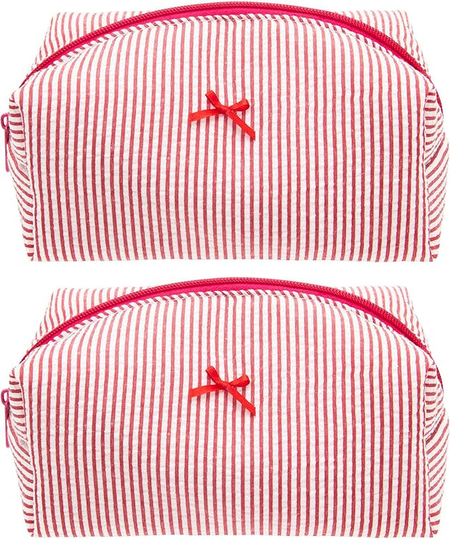 PAZIMIIK 2PCS Cozy Makeup Bag Small Aesthetic Travel Zipper Cosmetic Pouch for Women Make Up Beauty Accessories Brushes, Stripe Red