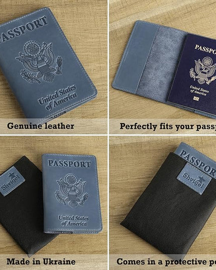 Shvigel US Leather Passport Book Cover - Thin American Travel Passport Holder - Premium International USA Passport Protector Case for Women Men (Light Blue Vintage)
