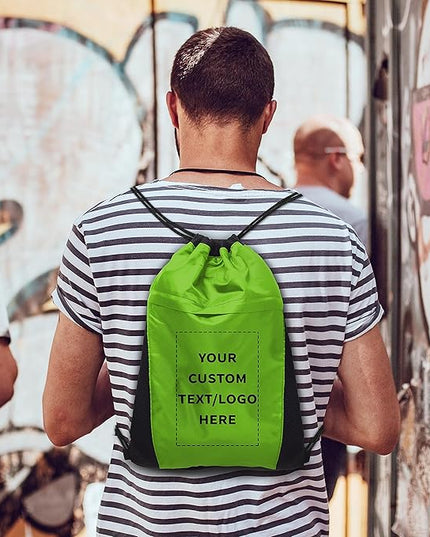 DISCOUNT PROMOS 10 Mesh Accent Drawstring Backpacks Set - Customizable Text, Logo - Two Tone, Front Pocket, Side Mesh - Lime Green