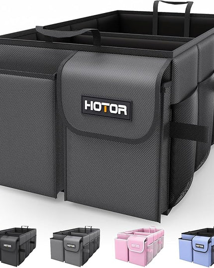 HOTOR Foldable Trunk Organizer - SUVs & Sedans, Sturdy Car Organization With 2 Compartments, Black, 23.6"×14.2"×10.6"