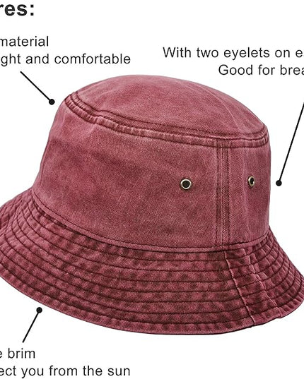 Bucket Hat, Wide Brim Washed Denim Cotton Outdoor Sun Hat Flat Top Cap for Fishing Hiking Beach Sports