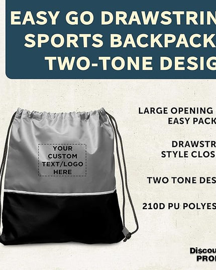 DISCOUNT PROMOS Custom Easy Go Drawstring Backpack Set of 10/50/100, Personalized Bulk Pack - Great for Travelling, Gym and for Everyday Use - Black