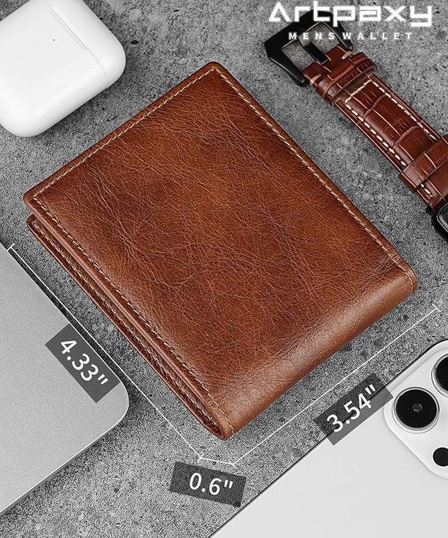Artpaxy Mens Wallet Genuine Leather Bifold RFID Blocking Wallet for Men with 1 ID Window 13 Card Holders 2 cash pockets 1 Gift Box