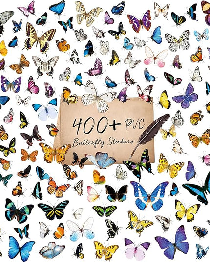 400+ PCS Delicate Butterfly Stickers, Self-Adhesive PVC Vintage Butterfly Stickers for Scrapbook, Journal, Laptop, Envelope, DIY Project, Window, Spring Themed Party Decors