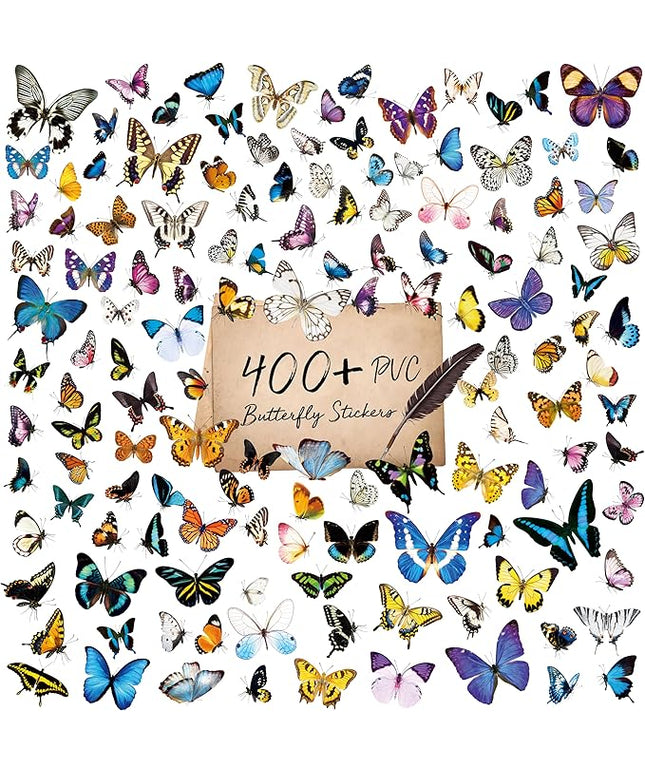 400+ PCS Delicate Butterfly Stickers, Self-Adhesive PVC Vintage Butterfly Stickers for Scrapbook, Journal, Laptop, Envelope, DIY Project, Window, Spring Themed Party Decors