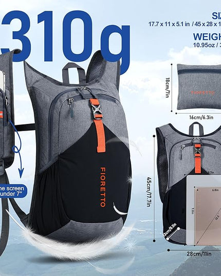 FIORETTO 15L Hiking Backpack for Women Men Mini Packable Backpack Lightweight Small Daypack for Camping Travel Outdoor, Grey and Black