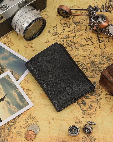 BOTANNER Genuine Leather Mens Trifold Wallet RFID Blocking 8 Credit Card Slots Section for Bills 3 Hidden Pockets | Black