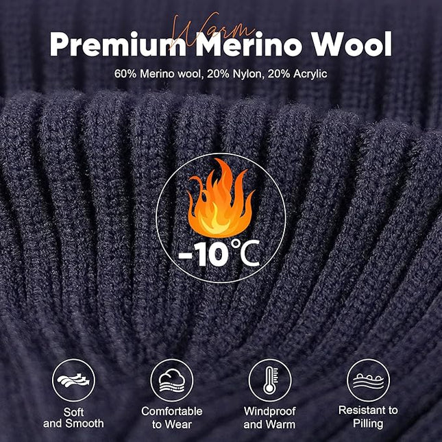 Merino Wool Beanie Hat for Men Women - Thermal Knitted Winter Hat for Large Heads Hiking Running Cap Wrap for Cold Weather