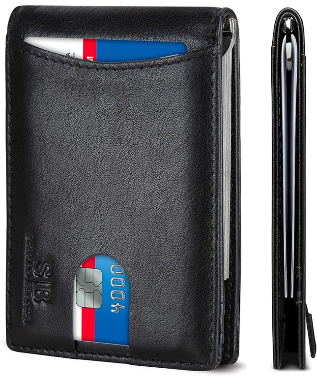 SERMAN BRANDS RFID Blocking Slim Bifold Genuine Leather Minimalist Front Pocket Wallets for Men with Money Clip Thin Mens