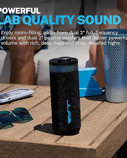 JLab Go Party Portable Bluetooth Speaker, Midnight Black, 10 Watts of Power, 16+ Hours of Playtime, IP56 Waterproofing, Customizable RGB LED Lighting, Lab Sync Up to 100 Speakers, Custom Sound in-App