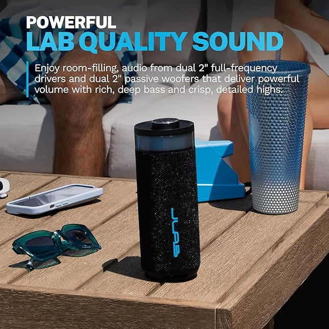 JLab Go Party Portable Bluetooth Speaker, Midnight Black, 10 Watts of Power, 16+ Hours of Playtime, IP56 Waterproofing, Customizable RGB LED Lighting, Lab Sync Up to 100 Speakers, Custom Sound in-App
