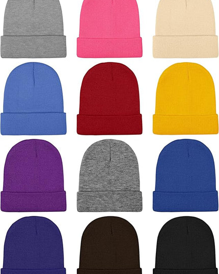 Cooraby 12 Pack Knitted Winter Beanie Cold Weather Acrylic Warm Skull Cap Cuff Watch Hat for Men or Women Homeless Donation