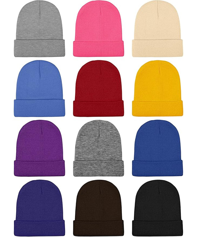 Cooraby 12 Pack Knitted Winter Beanie Cold Weather Acrylic Warm Skull Cap Cuff Watch Hat for Men or Women Homeless Donation