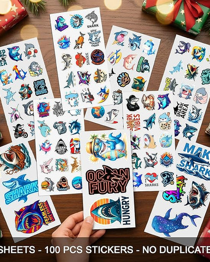 100 PCS Shark Stickers Pack, Vinyl Waterproof Decals of Cartoon Sharks Great White Hammerhead Ocean, Gift for Teens Adults Laptop Water Bottle Scrapbook Luggage Car Wall Decorative