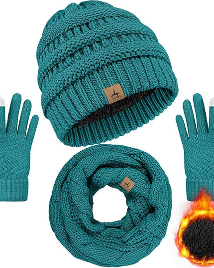 Winter Beanie Hat Scarf Gloves, Warm Fleece Knit Hats Touch Screen Gloves Neck Scarf Set Winter Gifts for Unisex Adult