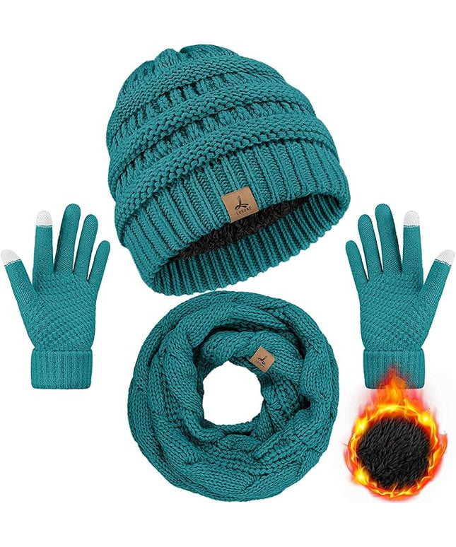 Winter Beanie Hat Scarf Gloves, Warm Fleece Knit Hats Touch Screen Gloves Neck Scarf Set Winter Gifts for Unisex Adult