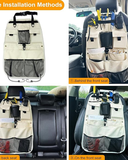 Car Seat Back Organizer with Multiple Storage Pockets, Black Mesh and Fabric, Universal Fit (beige)
