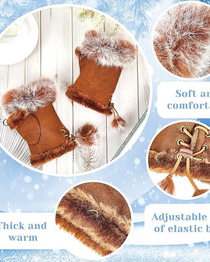 SATINIOR Women Fur Fingerless Gloves Winter Rabbit Fur Lined Half Finger Mittens for Women Girls Teen Working Writing