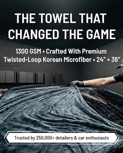 Blackline 24"x36" Twisted-Loop Car Drying Towel, 1300GSM, Streak Free, Lint Free, Reusable - Car Accessories, Microfiber Cleaning Cloth for Car, Truck, SUV - One Pass is All You Need