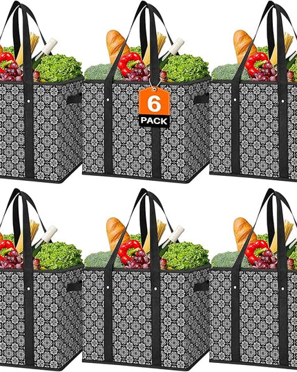 WISELIFE Reusable Grocery Bags [6 Pack],Large Grocery Tote Bag Water Resistant Shopping Bags Foldable Grocery Bag for Clothes,Shoes and Picnic,Black