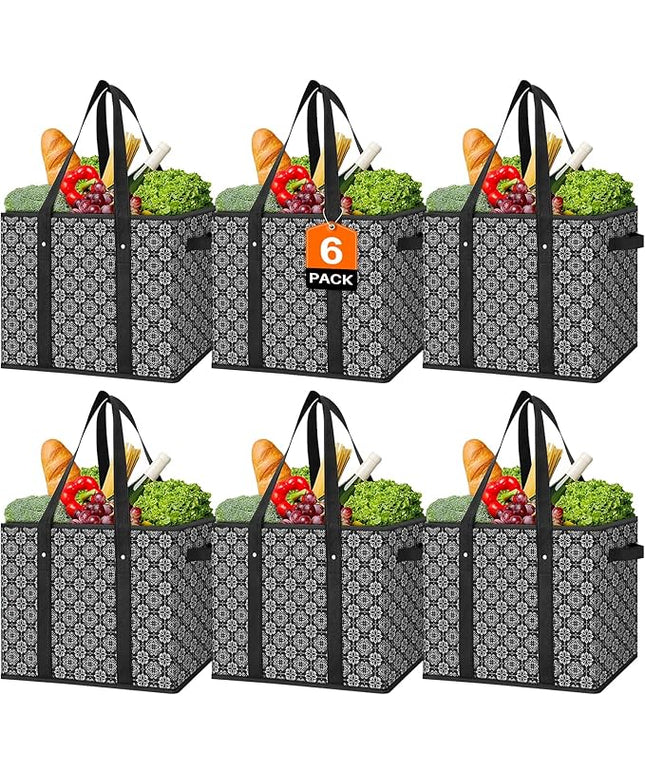 WISELIFE Reusable Grocery Bags [6 Pack],Large Grocery Tote Bag Water Resistant Shopping Bags Foldable Grocery Bag for Clothes,Shoes and Picnic,Black