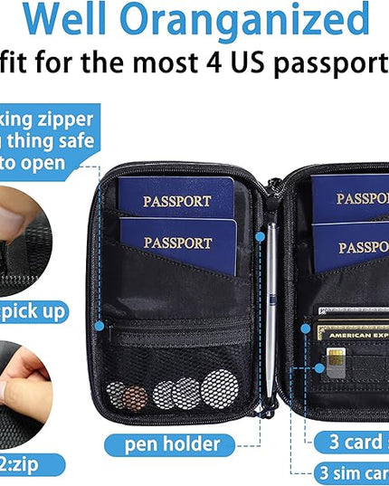 family passport holder for 4 multiple passport bag passport wallet for travel passport cover rfid blocking for women waterproof wallet with zipper passport case for men (solid black)